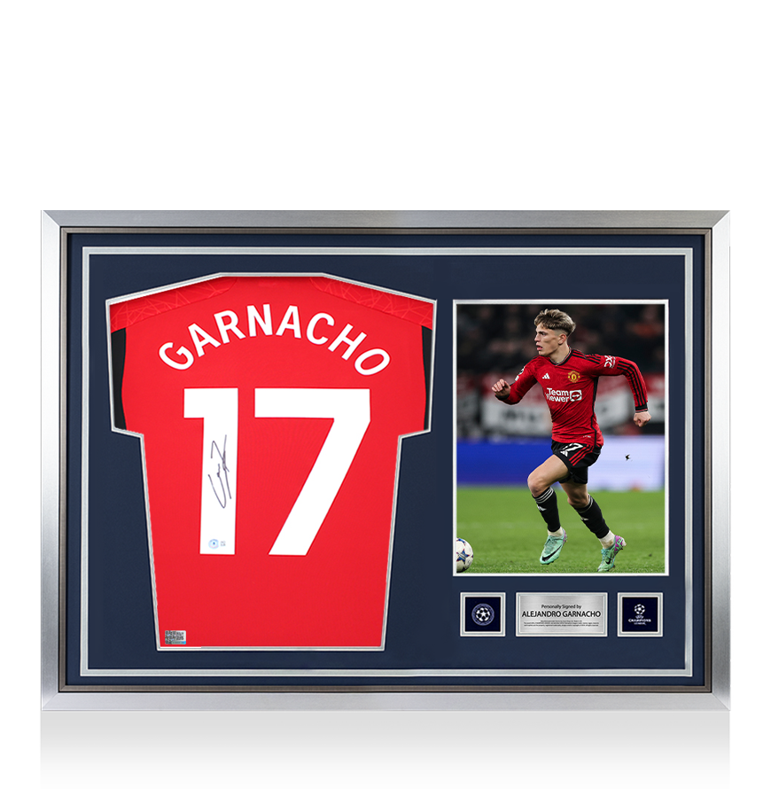 Alejandro Garnacho Official de la UEFA Champions League Firmado y héroe enmarcado Manchester United 2023-24 Camiseta en casa