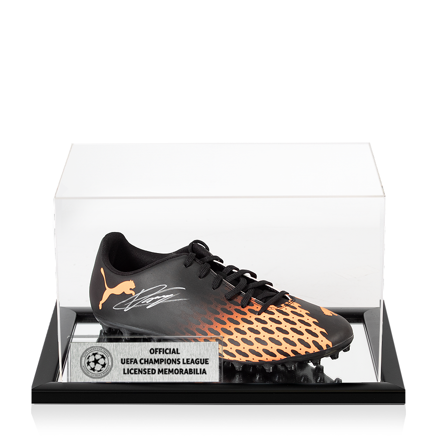 Vincent Kompany Official UEFA Champions League Signed Black and Orange Puma Boot In Acrylic Case UEFA Club Competitions Online Store